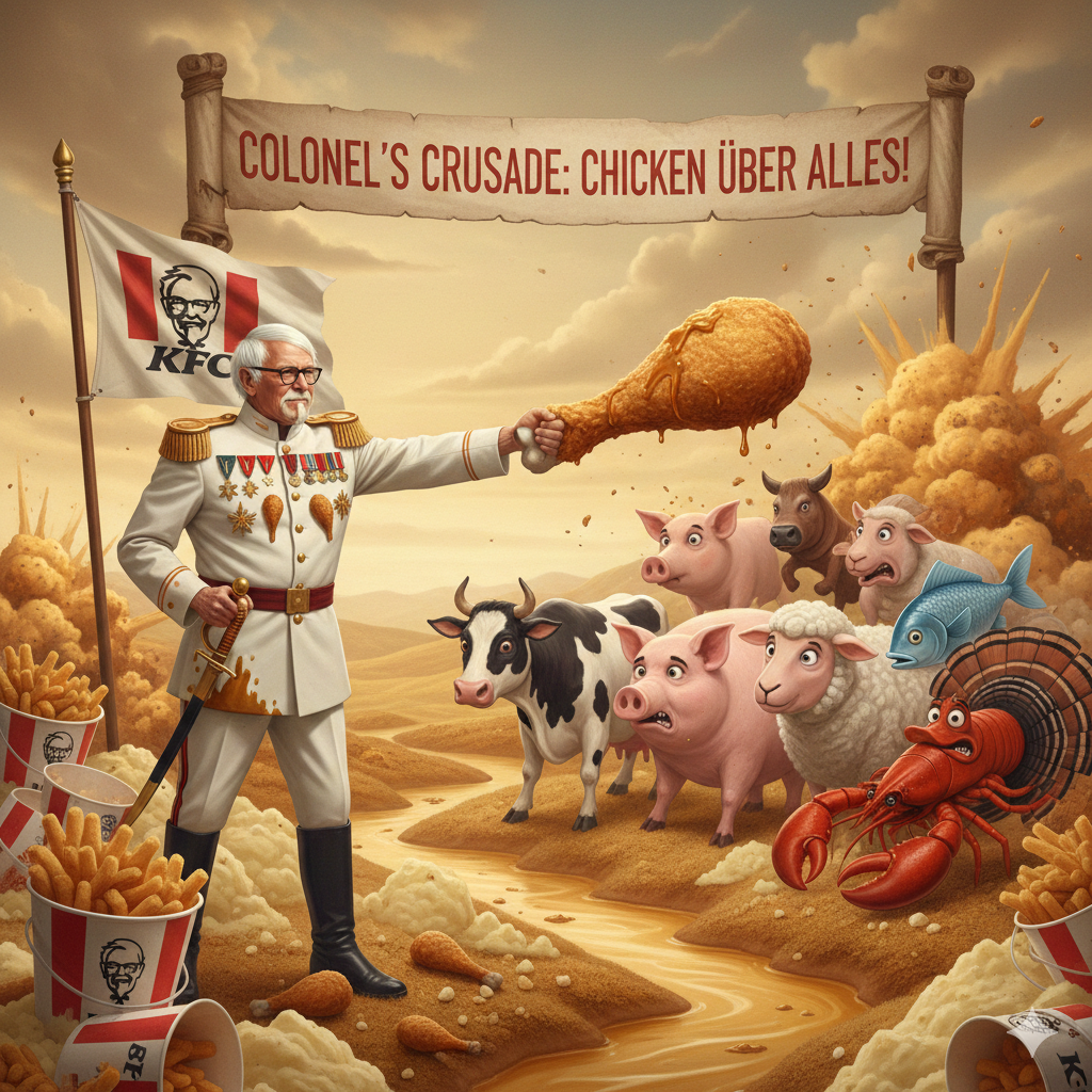 The picture depicts KFC's mascot, Colonel Sanders, declaring war against all other meat types that may pose a threat to the survival of chicken as the primary meat. A river of gravy separates the land between Colonel Sanders and the other animals. Explosions and KFC food items are spread intermittently in background. He points a chicken drumstick across the river in the direction of two cows, two pigs, two sheep, a fish and a lobster.